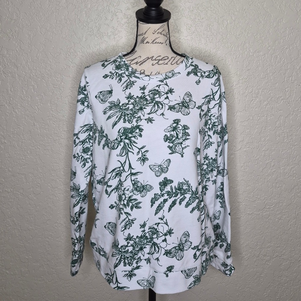 Talbots Green White Butterfly Floral Toile Cotton French Terry Sweatshirt L